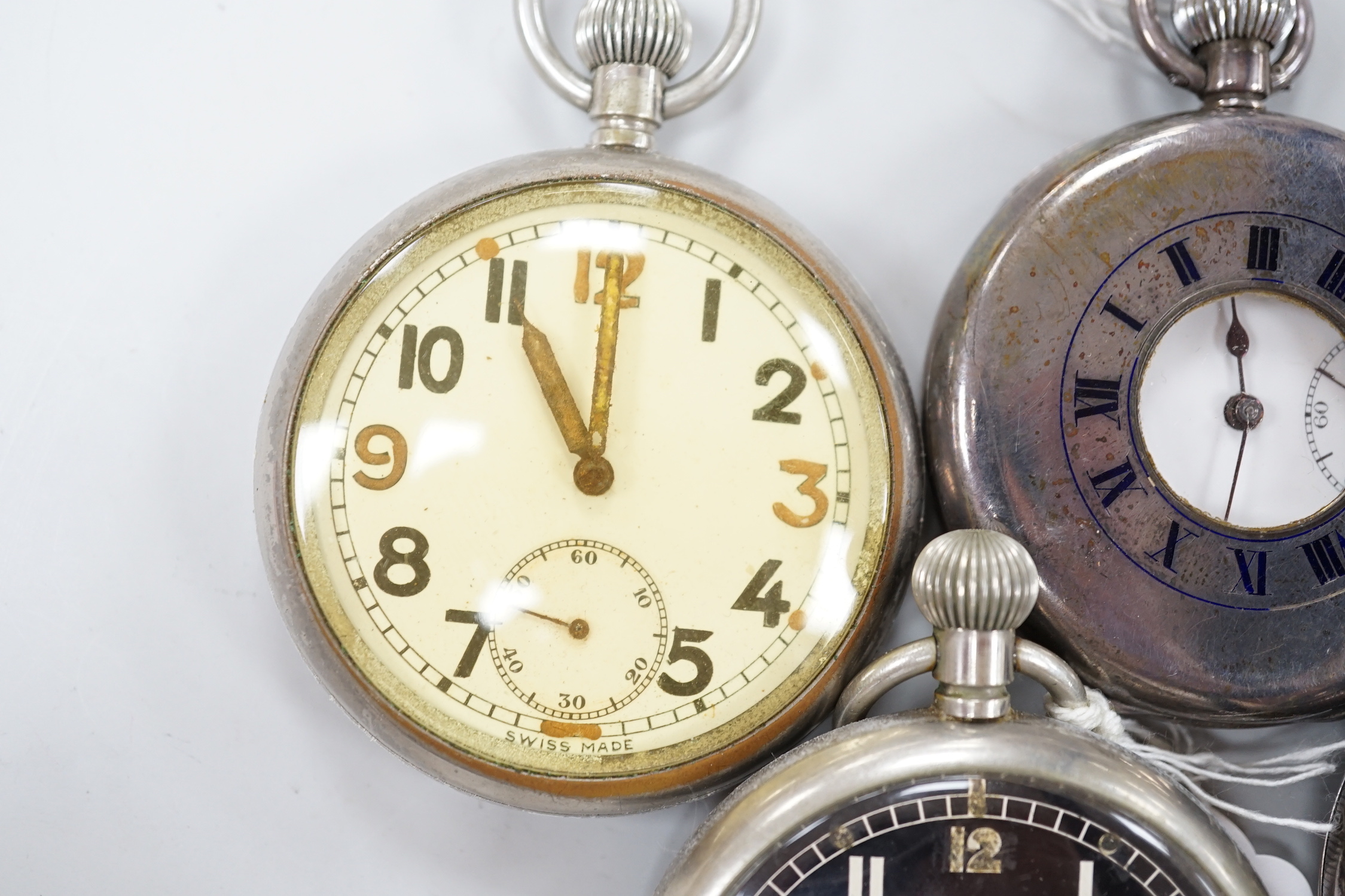 Fourteen assorted mainly base metal pocket watches including two Jaeger LeCoultre and a chronograph.